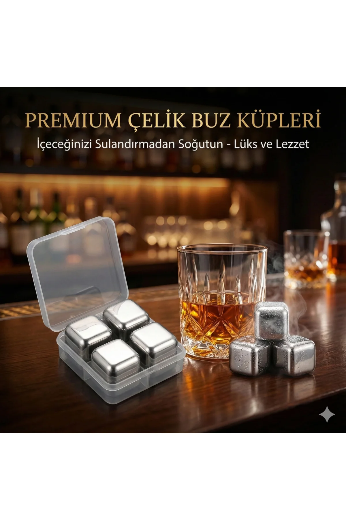 4'Lü Çelik Metal Kaplama Viski Taşı Soğutma Buz Küpü 4'Lü Çelik Metal Kaplama Viski Taşı Soğutma Buz Küpü - Görsel 2