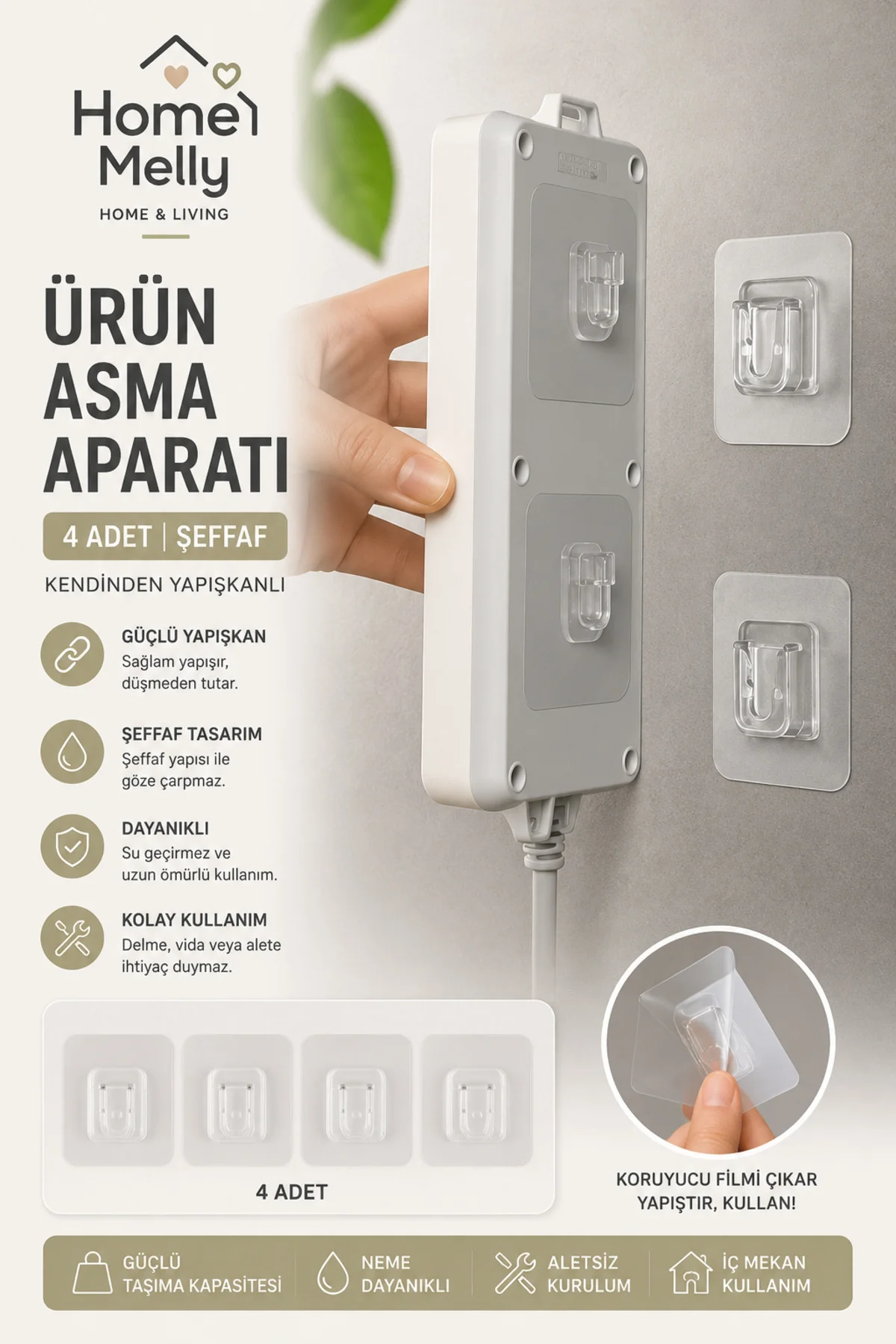 4’lü Çift Taraflı Yapışkanlı Klips | Eşya Sabitleme Askısı – Şeffaf Geçmeli Aparat