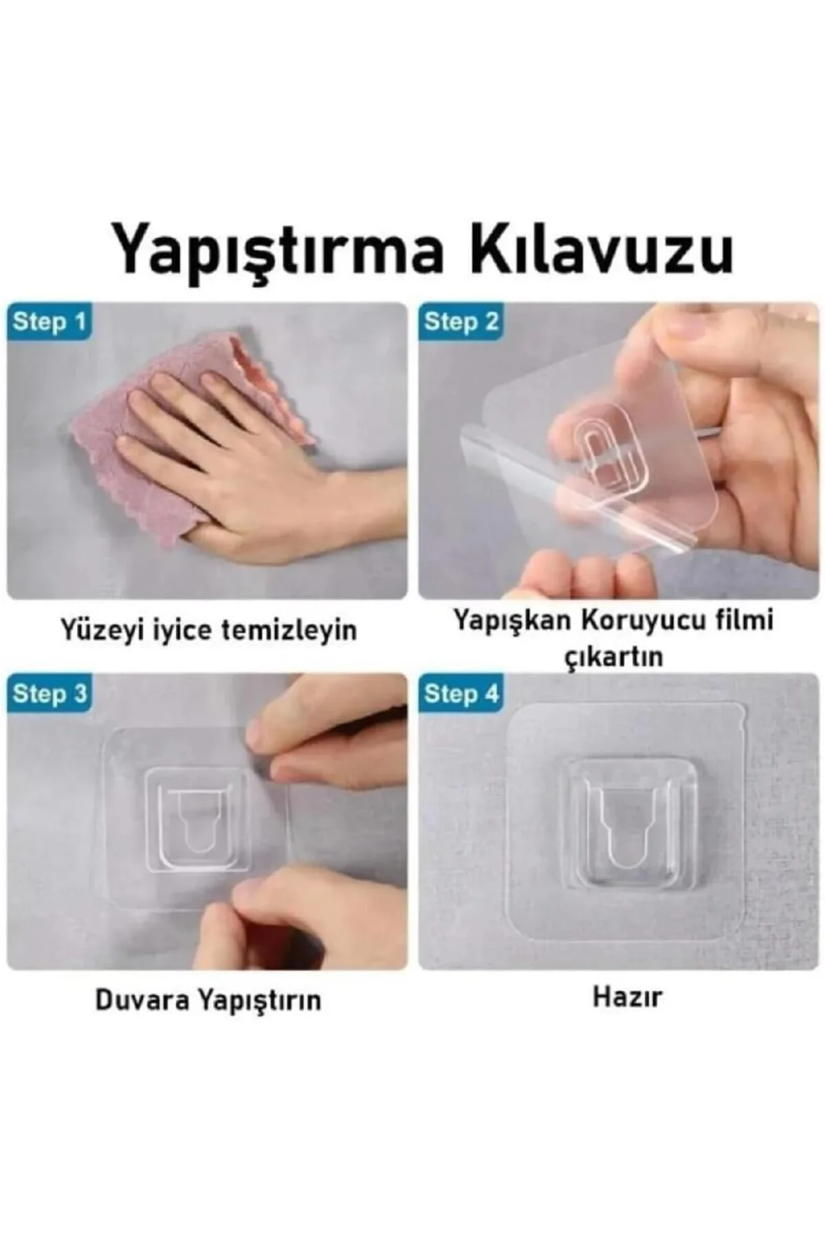 4’lü Çift Taraflı Yapışkanlı Klips | Eşya Sabitleme Askısı – Şeffaf Geçmeli Aparat - Görsel 6