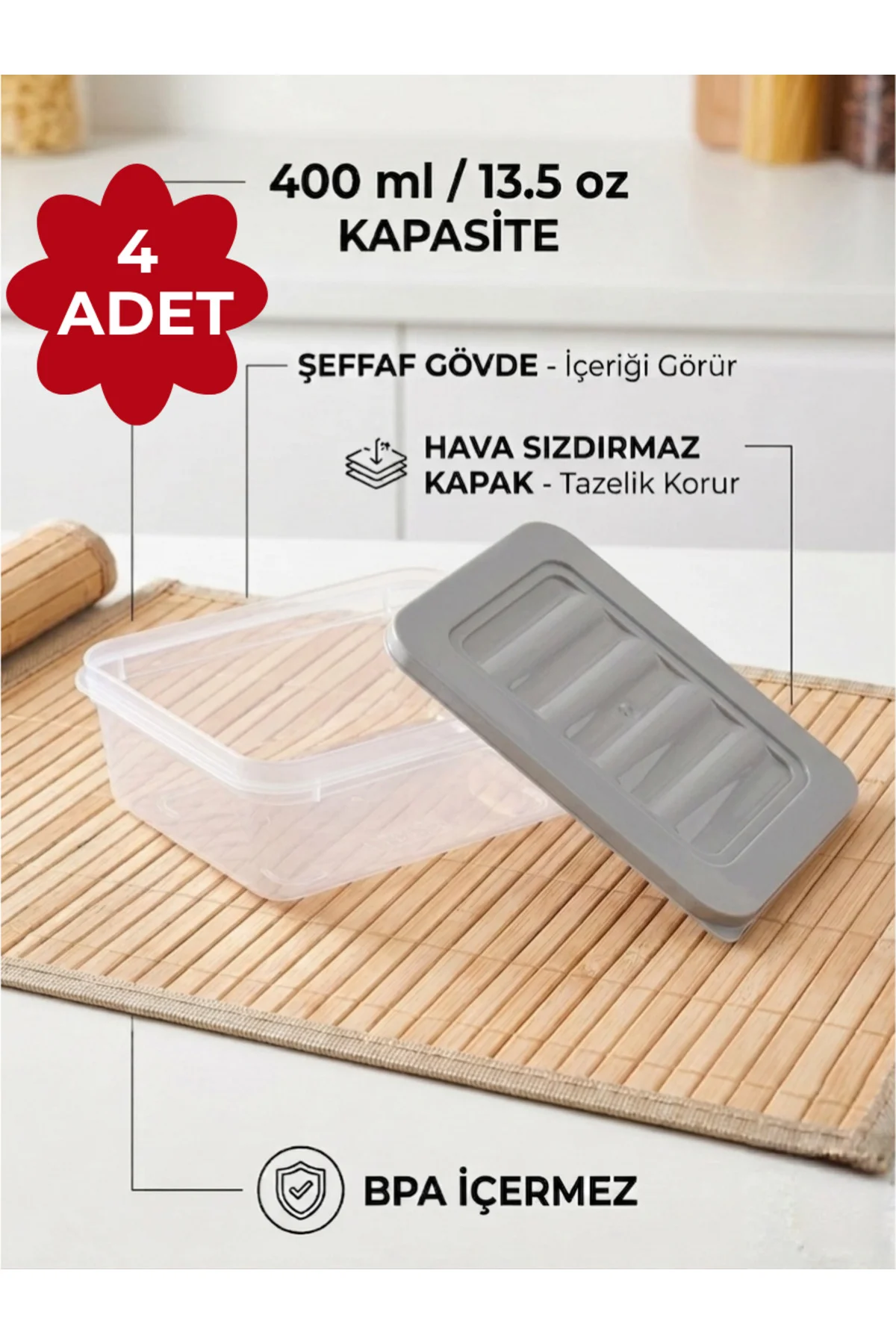 4'lü Dikdörtgen Saklama Kabı Seti - 400 ml Hava Sızdırmaz Erzak K