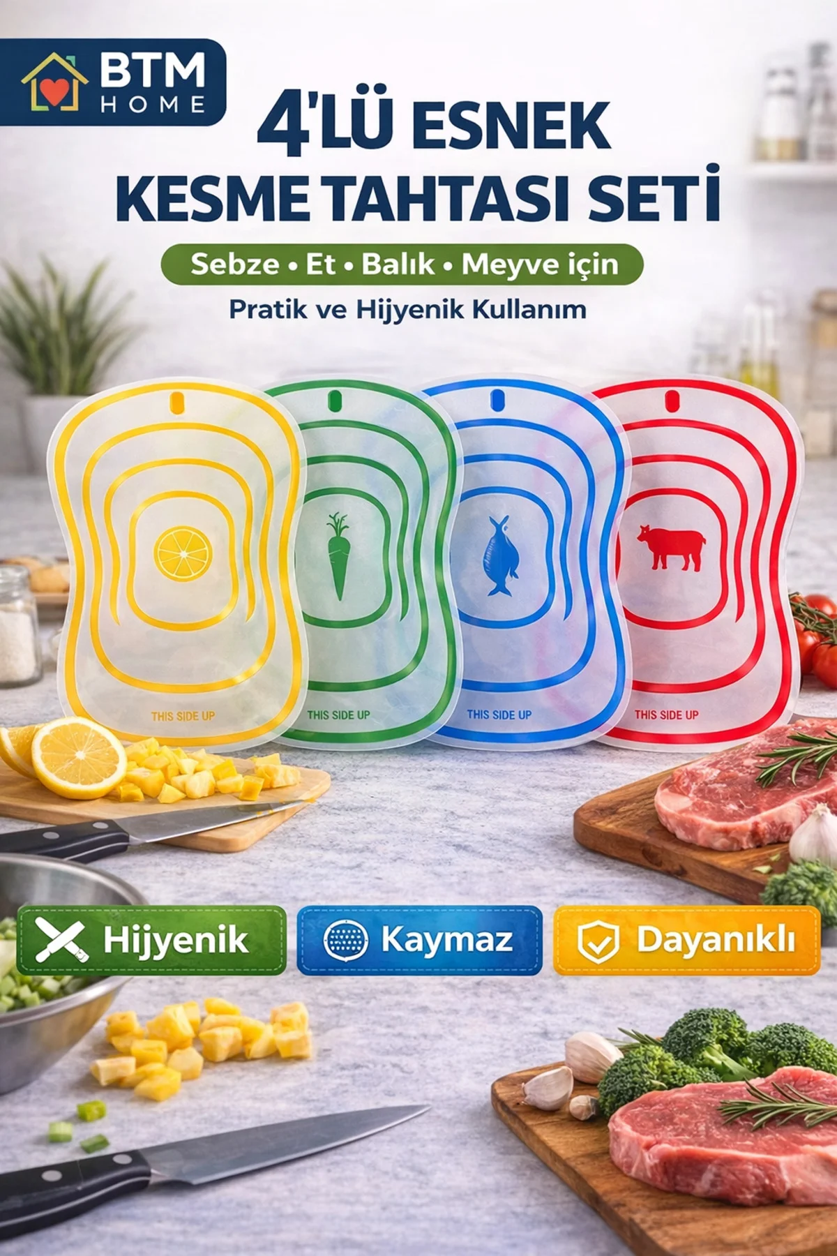 4’lü Esnek Kesme Tahtası Seti Katlanabilir Doğrama Tahtası Sebze 