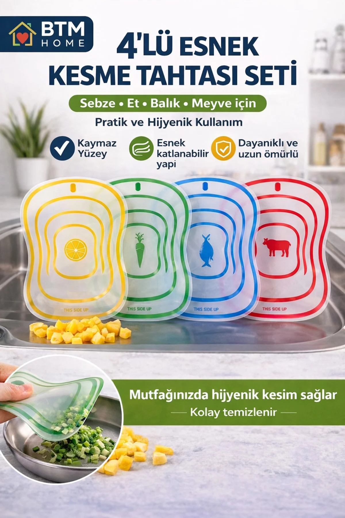 4’lü Esnek Kesme Tahtası Seti Katlanabilir Doğrama Tahtası Sebze 