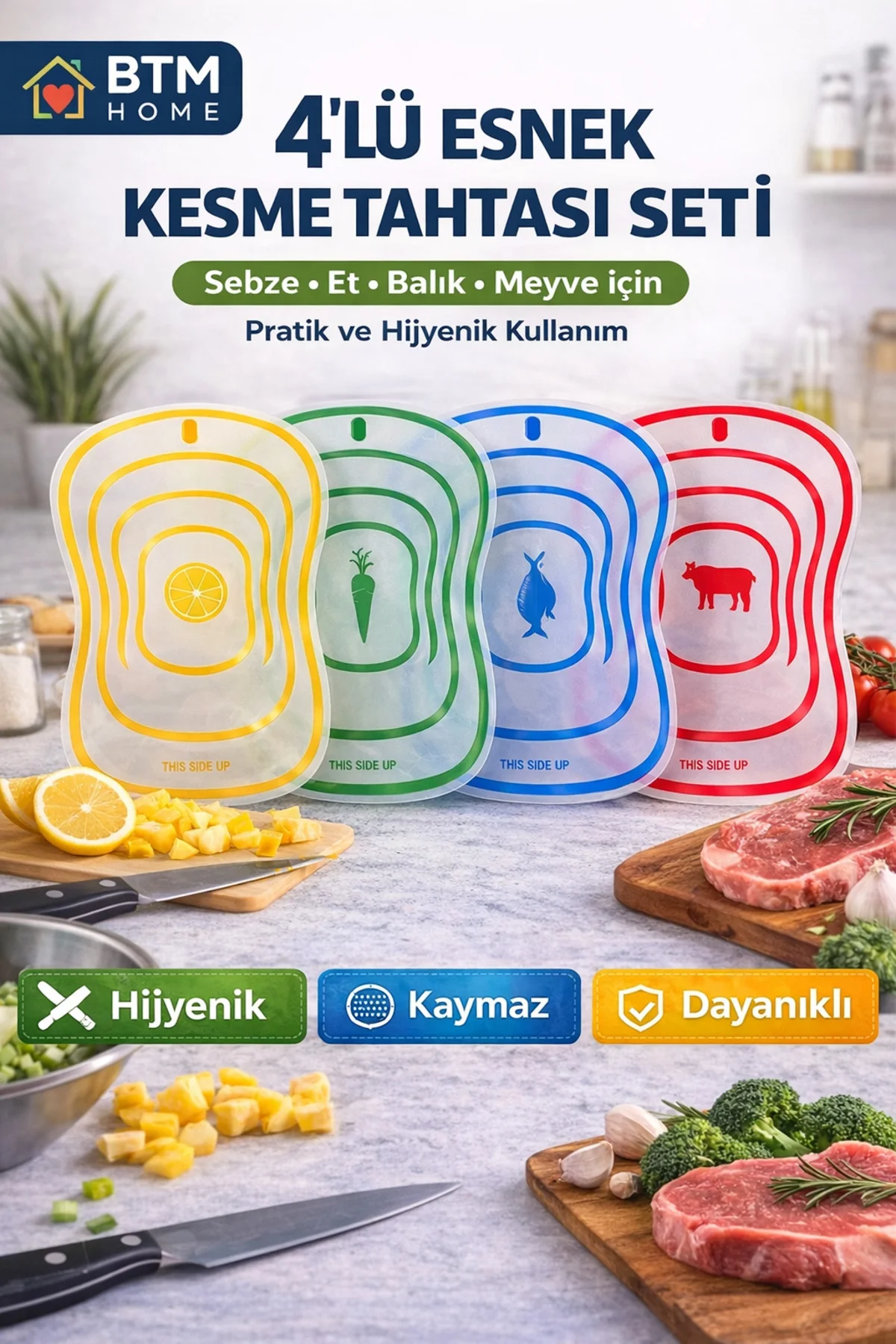 4’lü Esnek Kesme Tahtası Seti Katlanabilir Doğrama Tahtası Sebze 