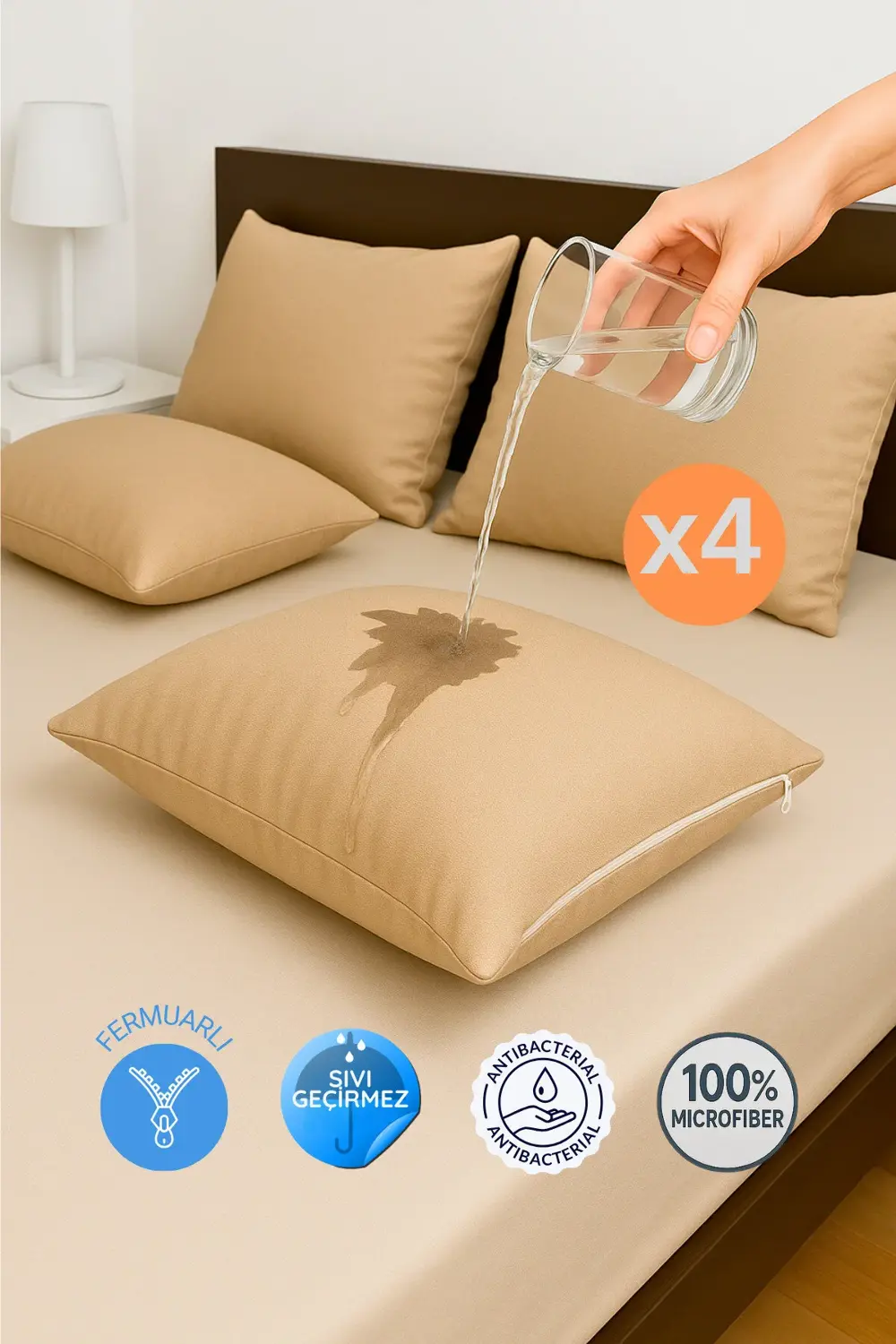 4'lü Gri Fermuarlı Sıvı Geçirmez Yastık Alezi Yastık Koruyucu