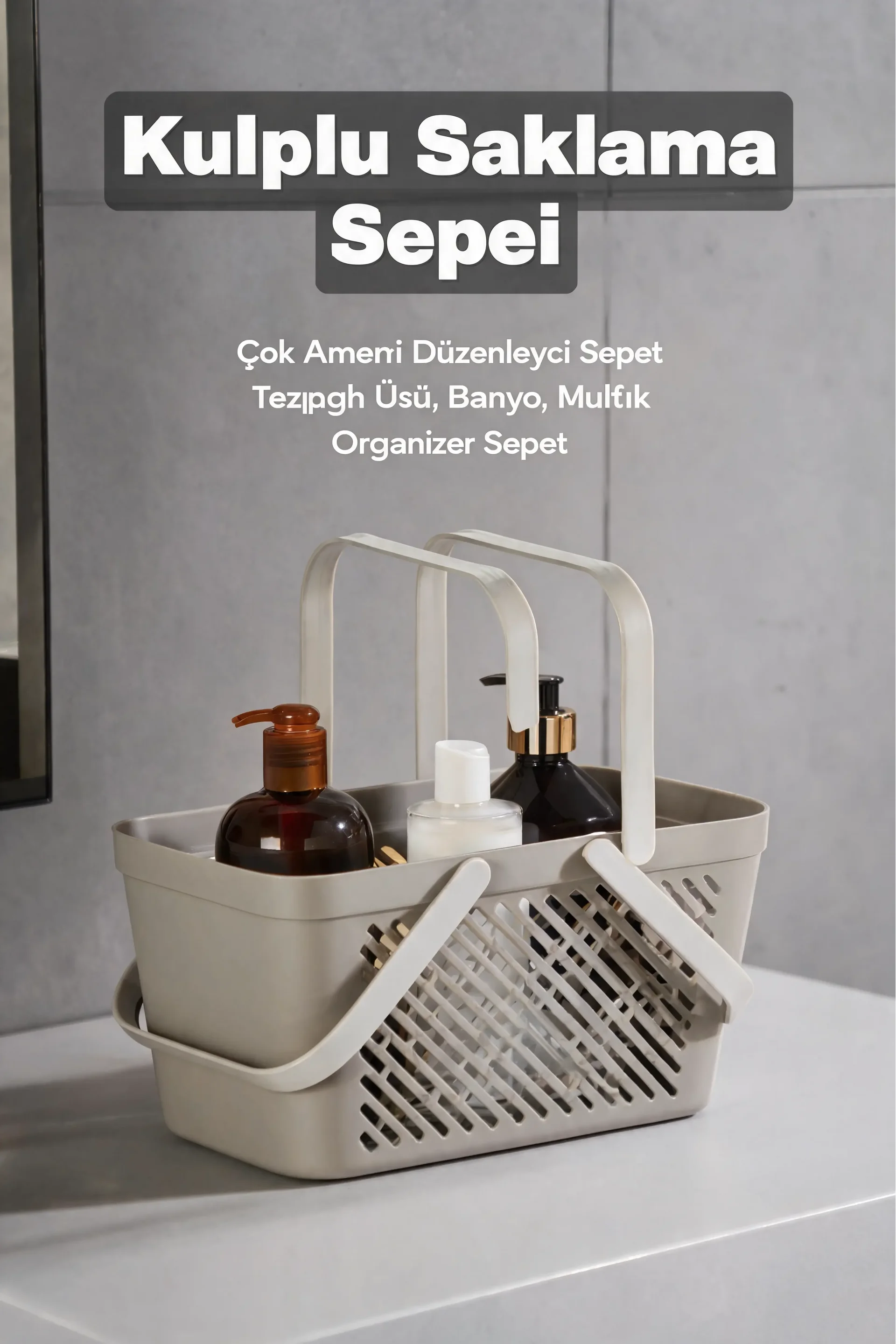 4'lü Gri Mutfak Düzenleyici Kulplu Sepet Banyo Çamaşır Organizer Seti