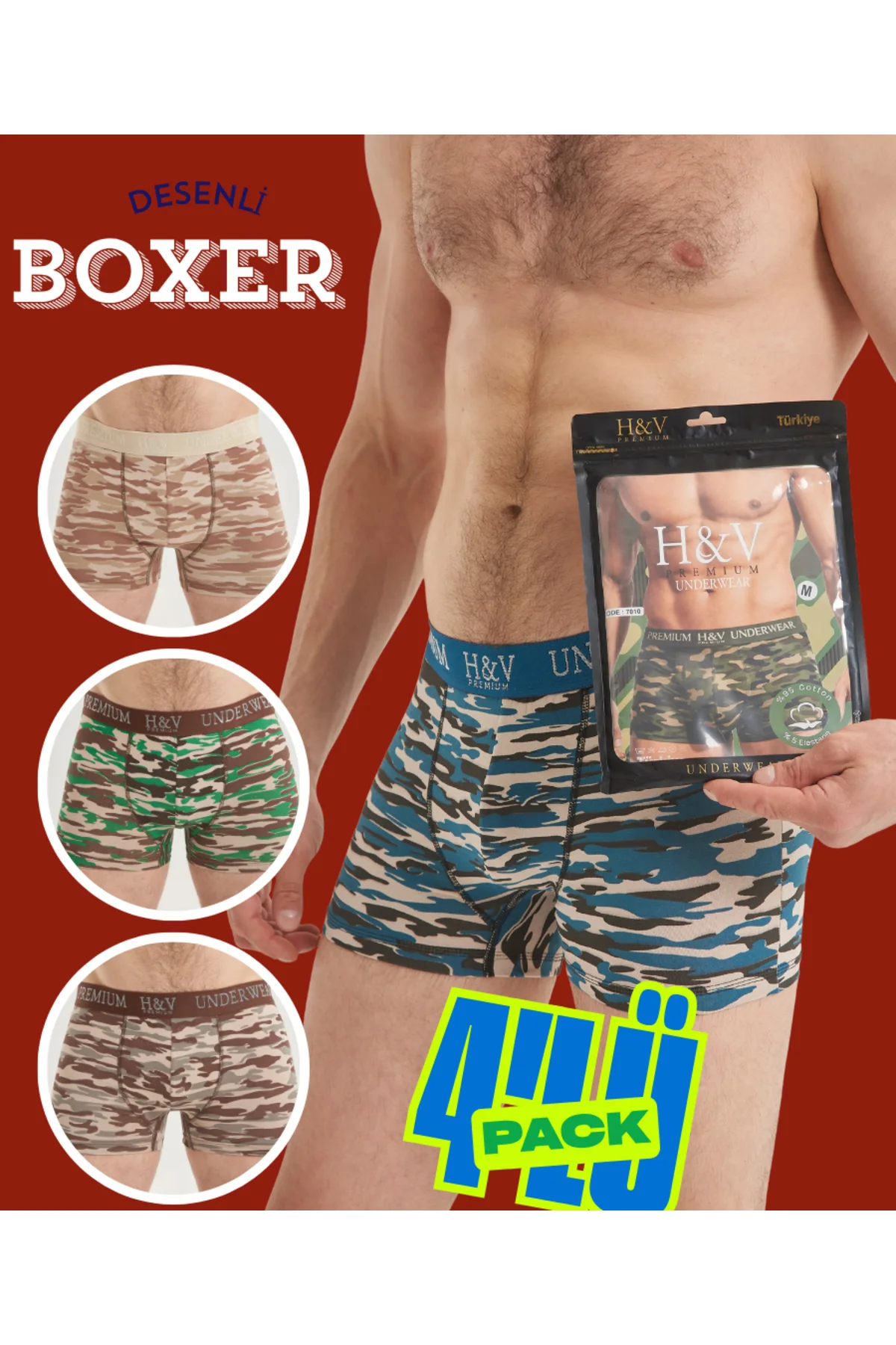 4'lü KAMUFLAJ DESENLİ BOXER-AVANTAJ PAKETİ-İZ YAPMAYAN BEL LASTİĞ
