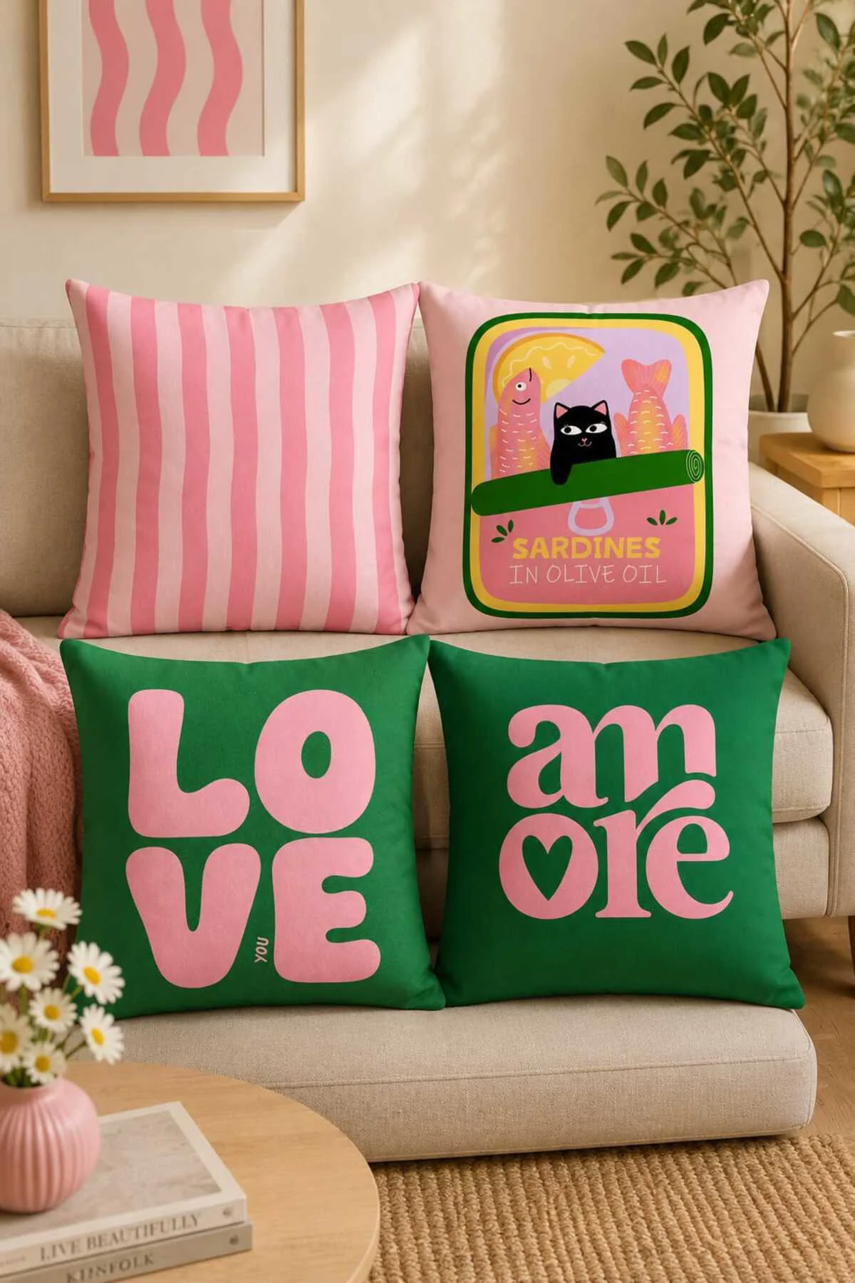 4'lü Love & Amore Sardalya Desenli Dijital Baskılı Dekoratif Kırlent Kılıfı Seti Fiyatı, Yorumları ve Özellikleri