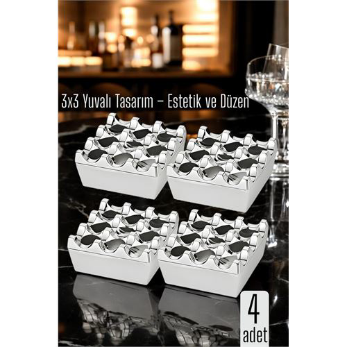 4'lü Metal Döküm Küllük – 3x3 Yuvalı, Krom , Modern ve Ağırlıklı 4'lü Metal Döküm Küllük – 3x3 Yuvalı, Krom , Modern ve Ağırlıklı