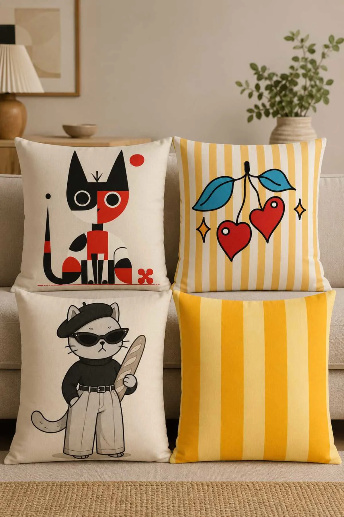 4'lü Modern Kedi & Kiraz Desenli Dijital Baskılı Dekoratif Kırlent Kılıfı Seti Fiyatı, Yorumları ve Özellikleri