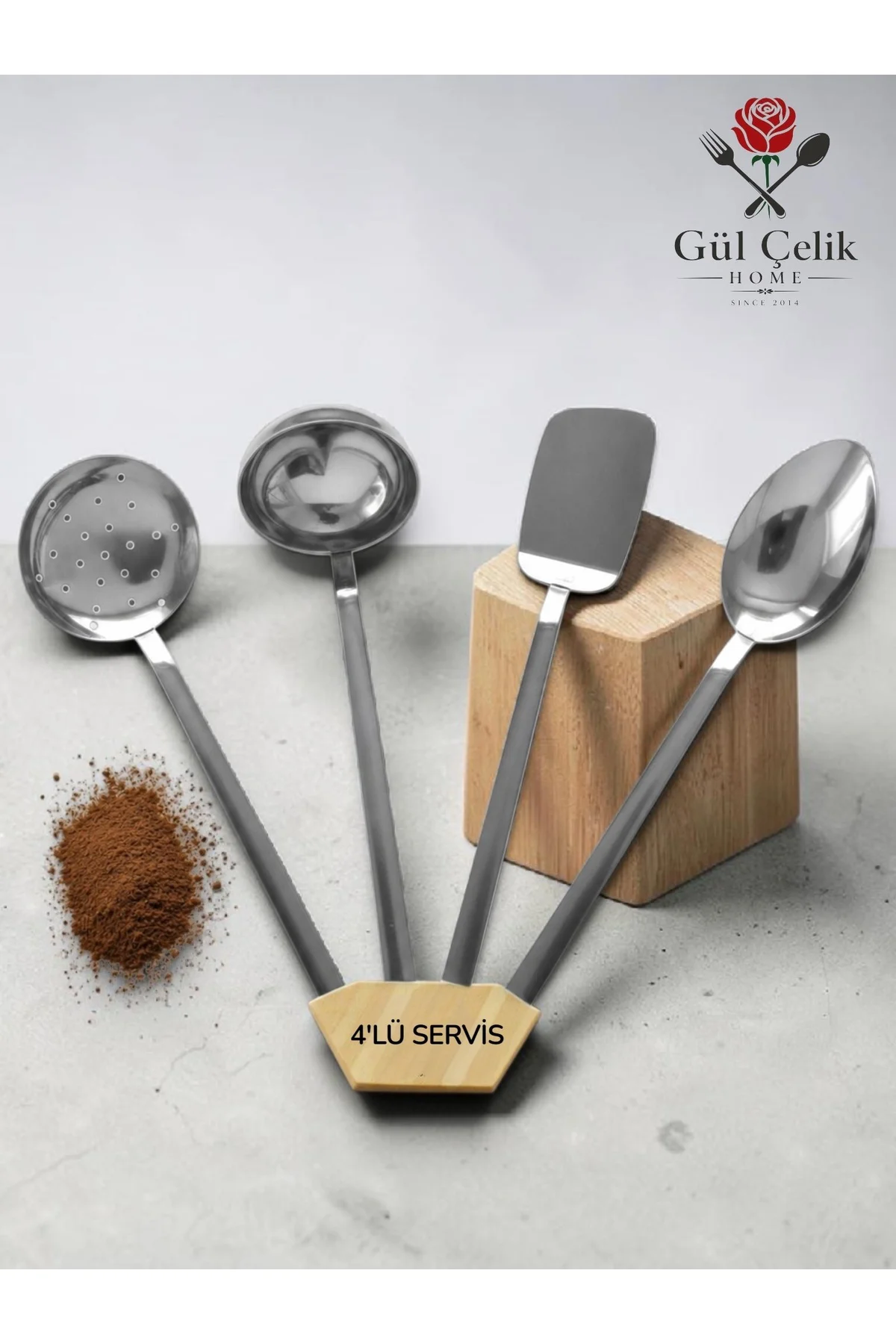 4'Lü Mutfak Servis Seti Kepçe-Kevgir-Spatula-Kaşık 18/0 Kalite Pa
