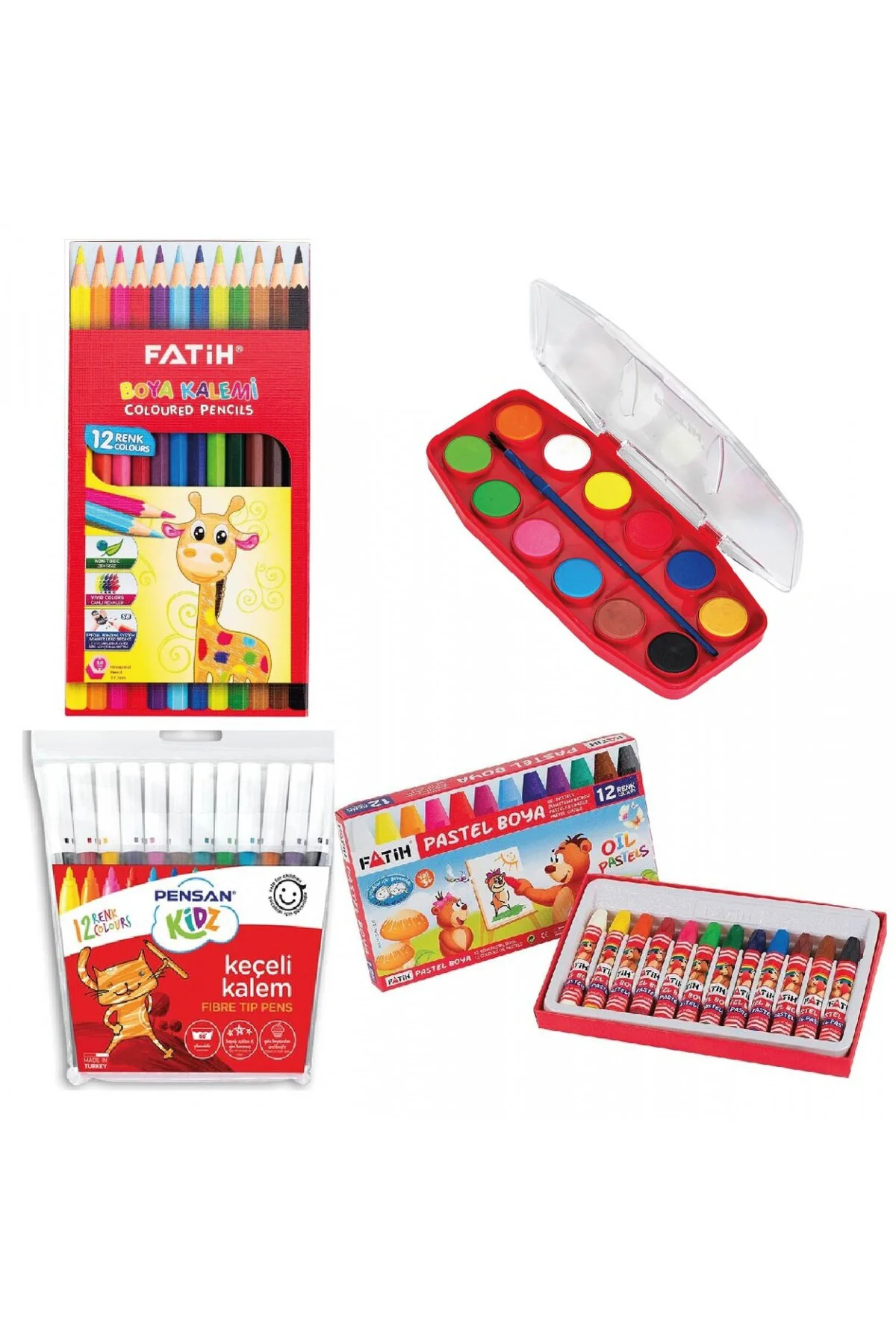 4'lü Okul Boya Seti - (12'li Keçeli Boya + 12'li Kuru Boya + 12'li Pastel Boya + 12'li Sulu Bo