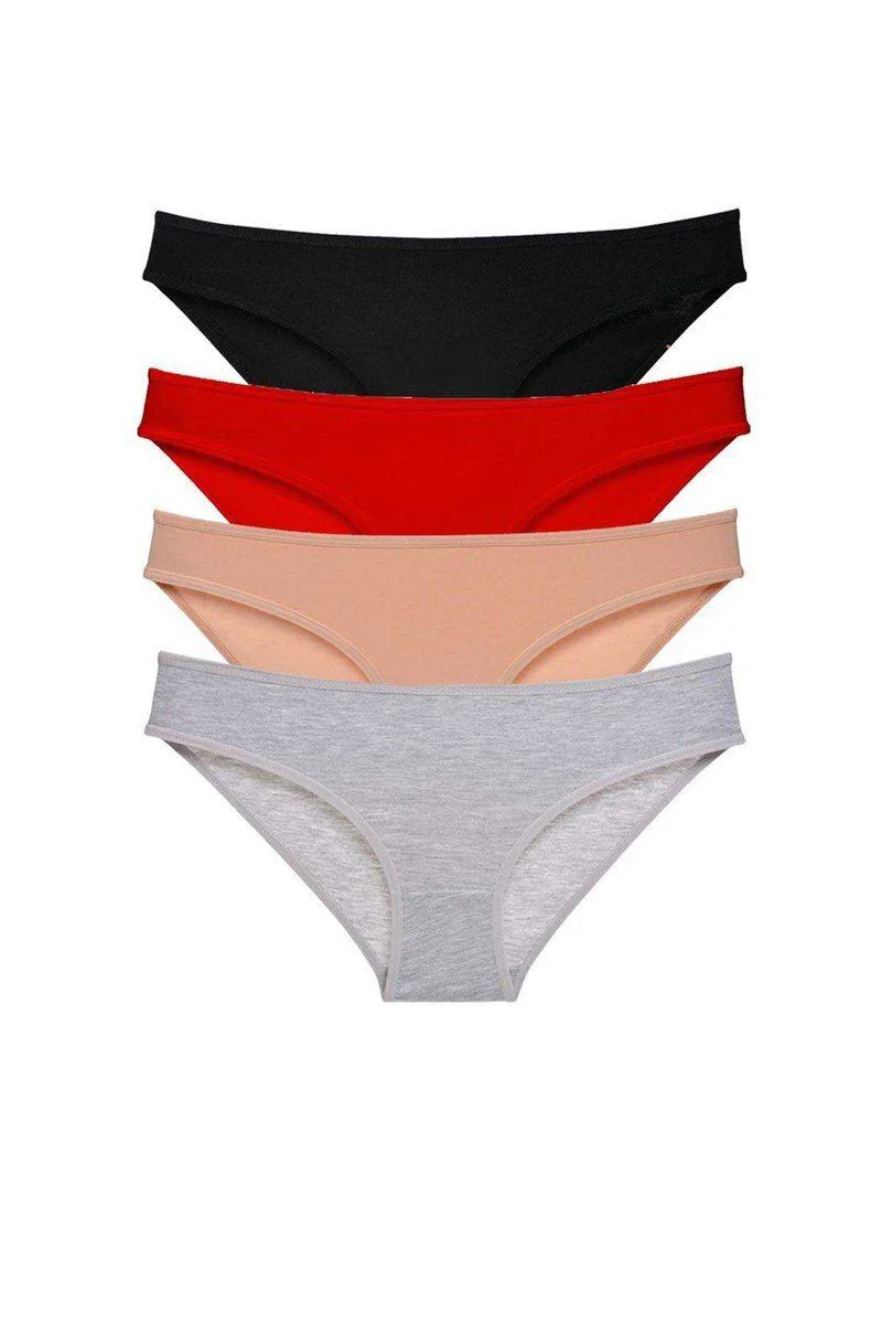 4'lü Pamuklu Kadın Slip Külot Seti - Siyah, Kırmızı, Ten, Gri 4'lü Pamuklu Kadın Slip Külot Seti - Siyah, Kırmızı, Ten, Gri