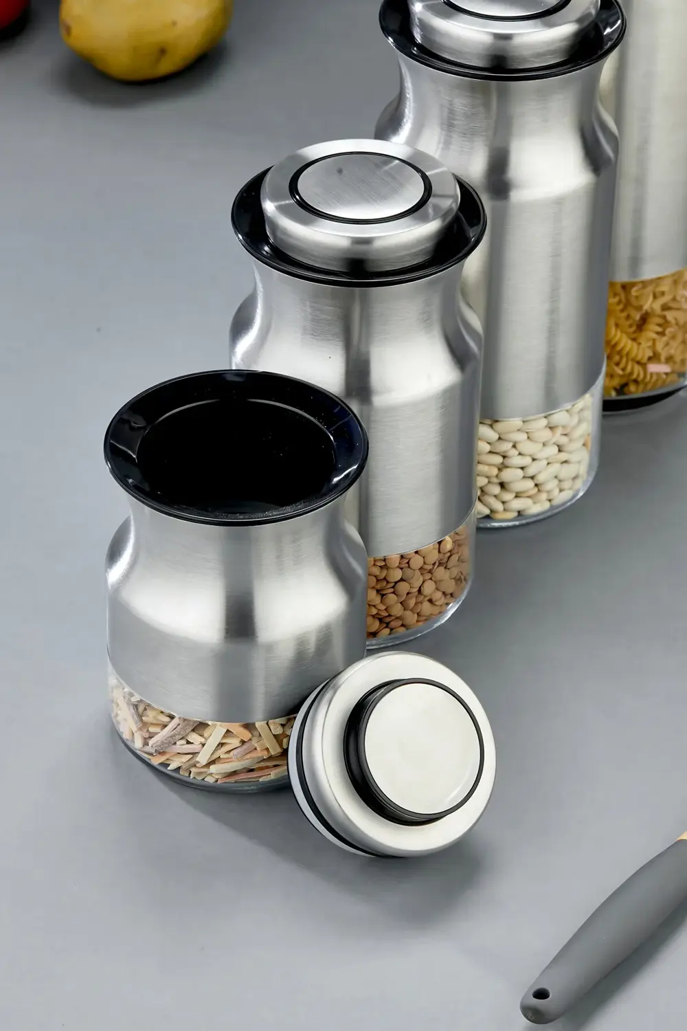 4’lü Paslanmaz Çelik Tuşlu Vakumlu Kavanoz Seti 1800-1500-1300-10