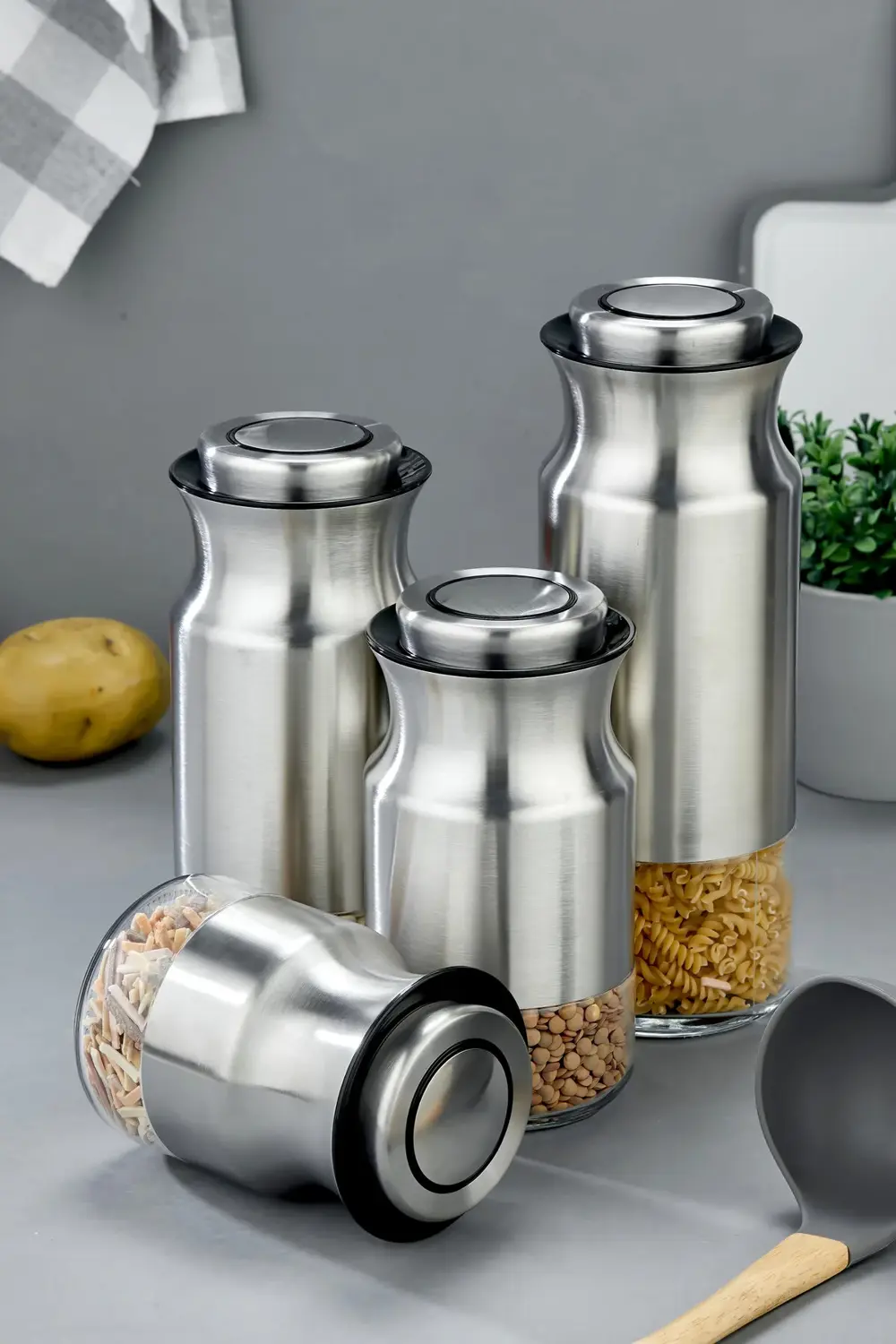 4’lü Paslanmaz Çelik Tuşlu Vakumlu Kavanoz Seti 1800-1500-1300-10