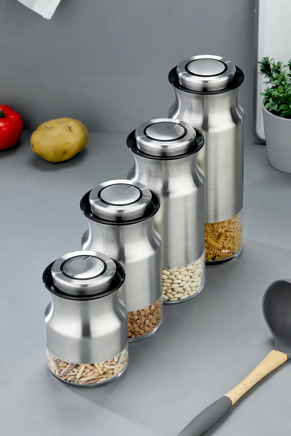 4’lü Paslanmaz Çelik Tuşlu Vakumlu Kavanoz Seti 1800-1500-1300-10