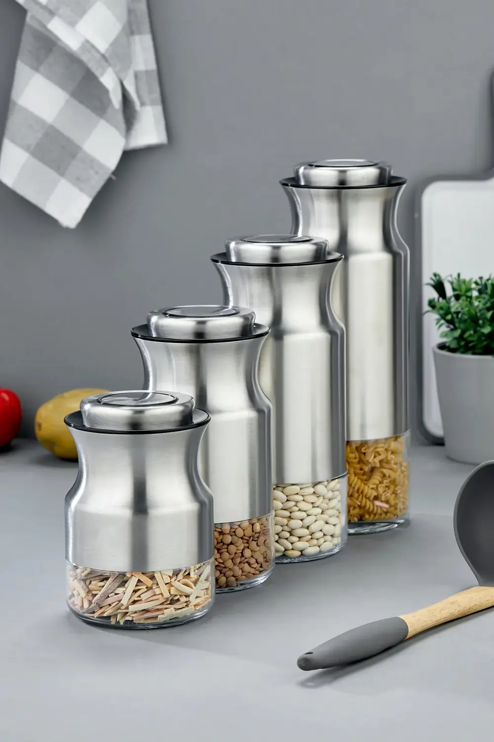 4’lü Paslanmaz Çelik Tuşlu Vakumlu Kavanoz Seti 1800-1500-1300-10