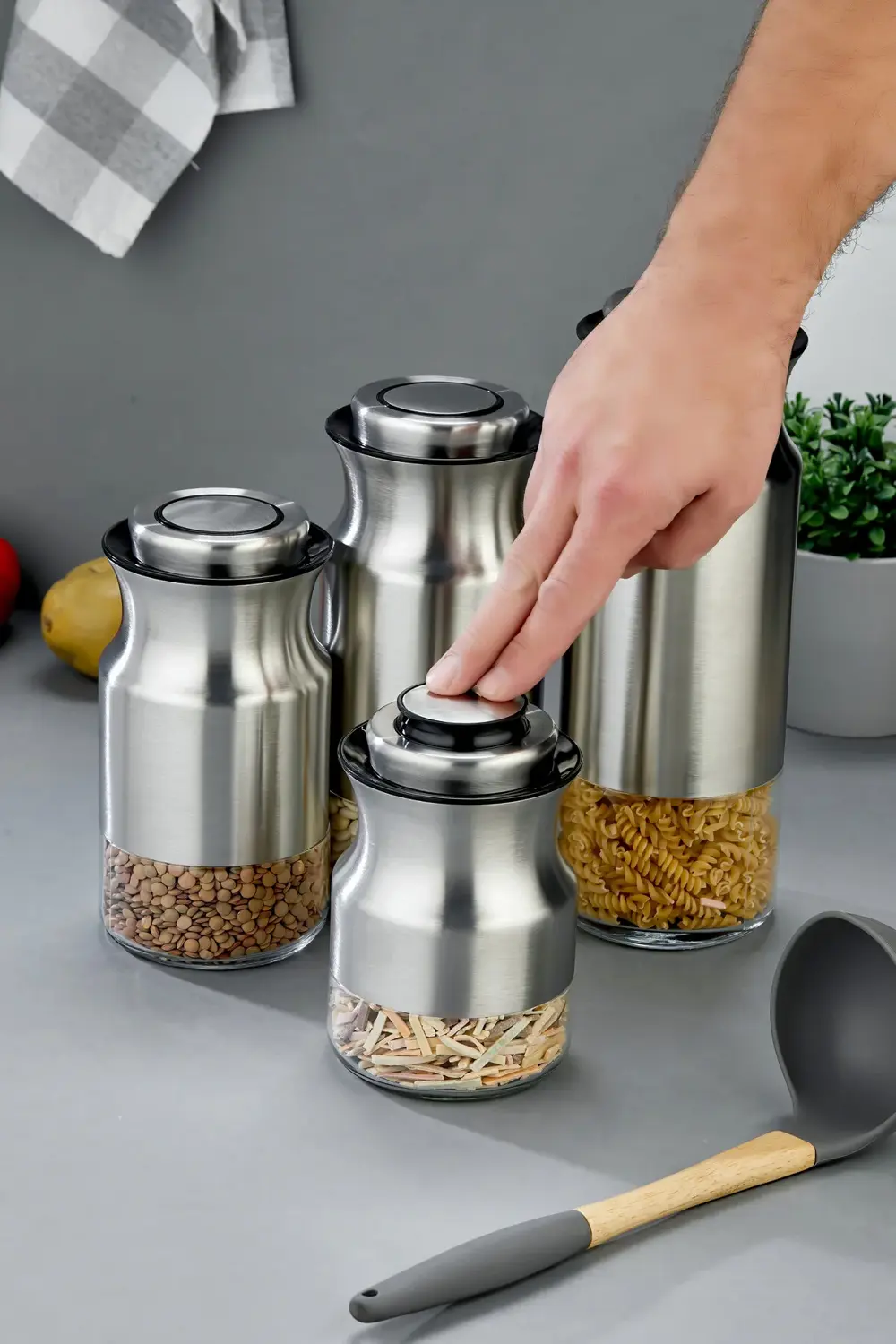 4’lü Paslanmaz Çelik Tuşlu Vakumlu Kavanoz Seti 1800-1500-1300-10