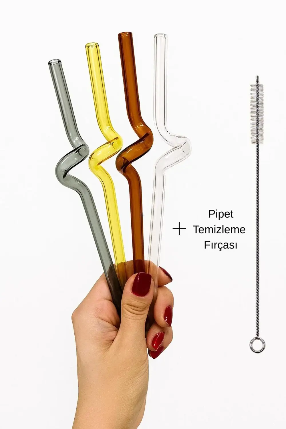 4’lü Renkli Cam Pipet Seti + Temizleme Fırçası – Yeniden Kullanıl