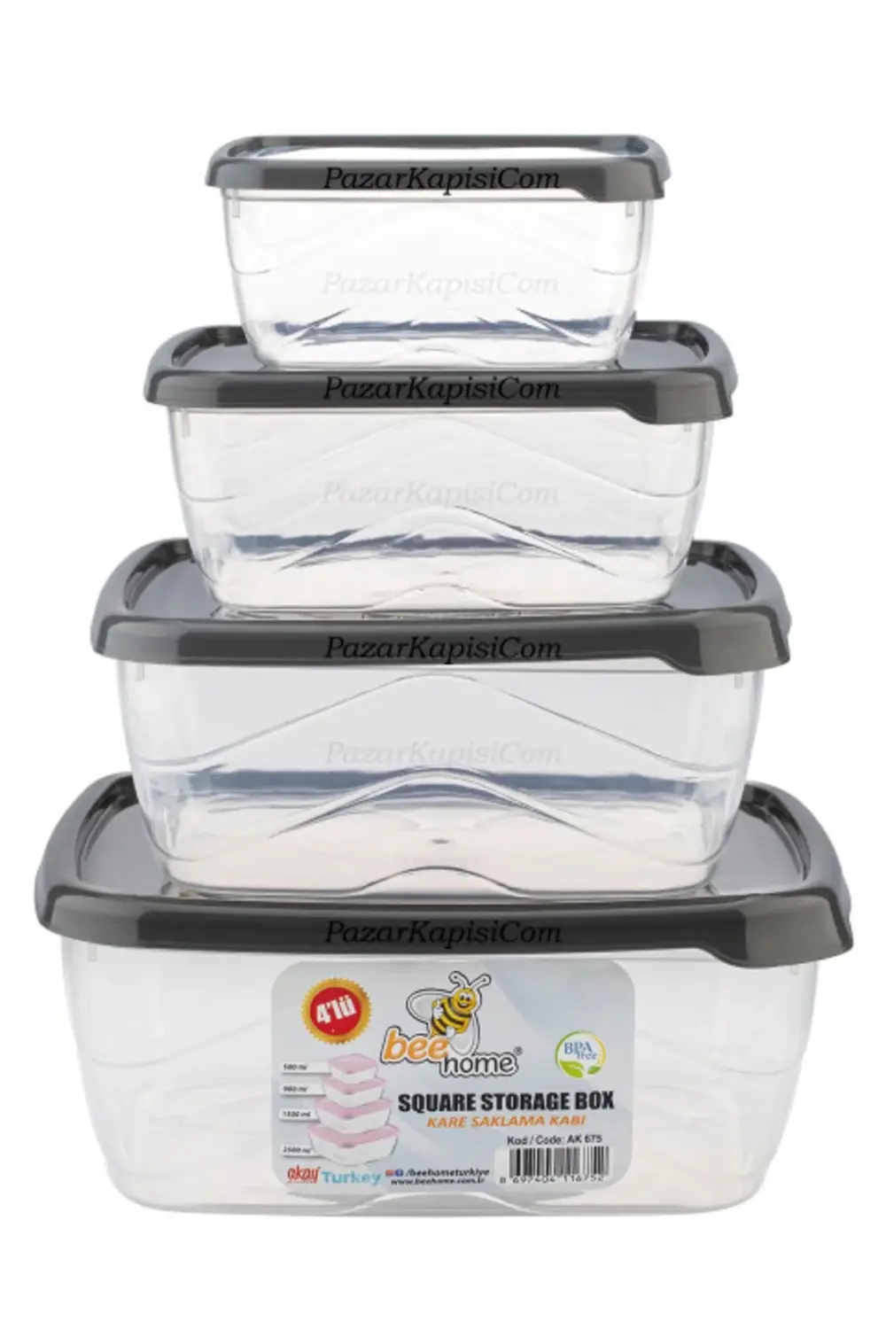 4'lü Şeffaf Kare Saklama Kabı Seti 0,50 - 0,90 - 1,50 - 2,50 Lt