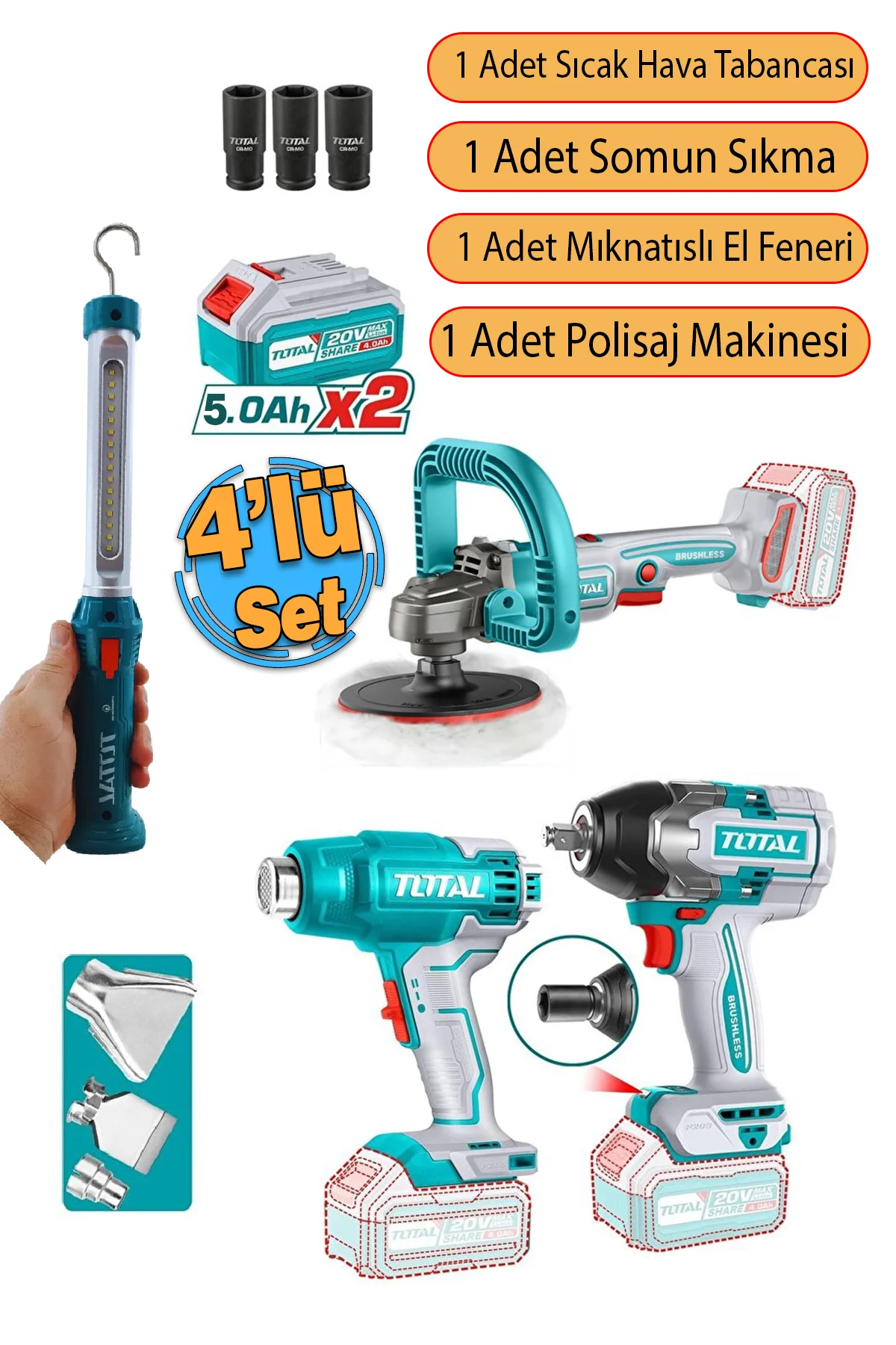 4'lü Set 20 V 4.0 Ah Batarya Polisaj Makine Vidalama Somun Sökme 