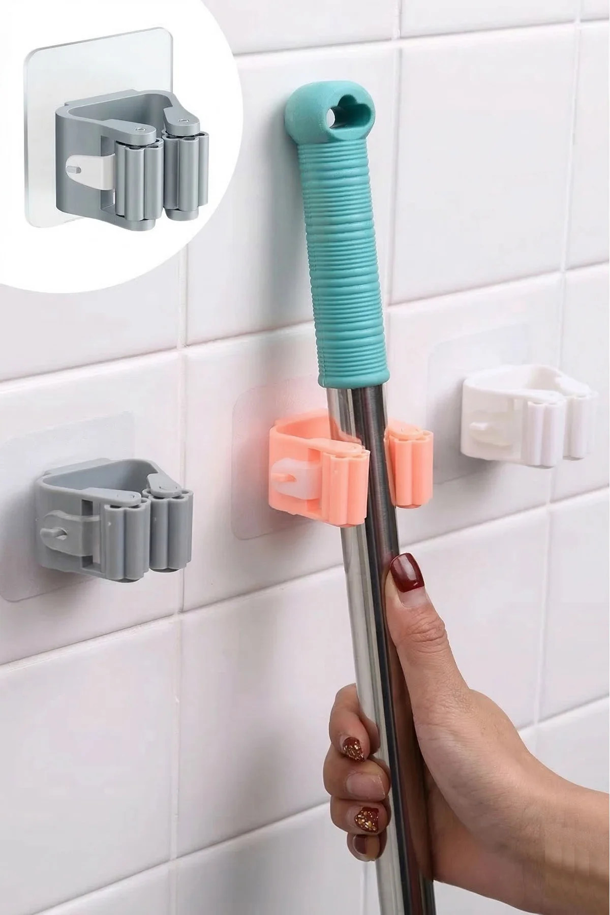 4’lü Set Kendinden Yapışkanlı Mop ve Süpürge Tutucu – Delmeden Du