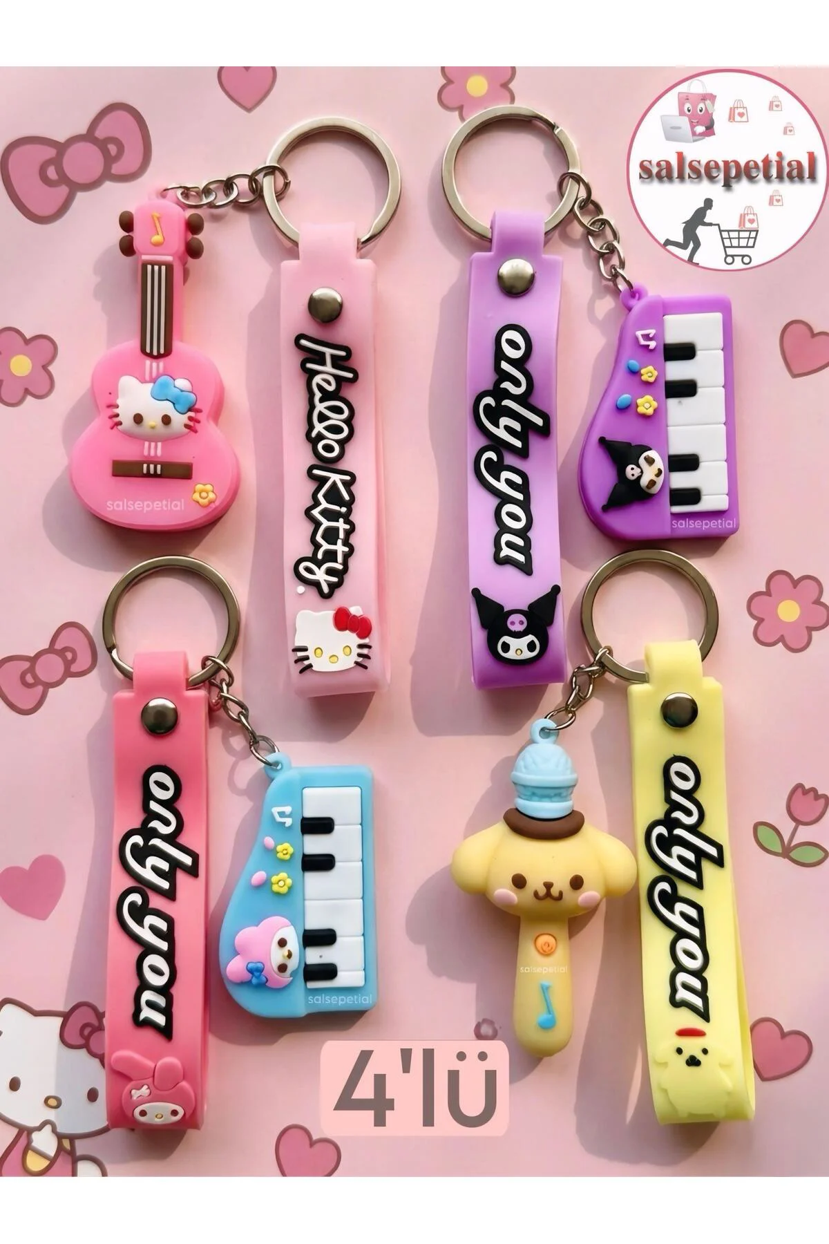 4’lü Silikon Figürlü Anahtarlık Kuromi Hello Kitty My Melody Pomp