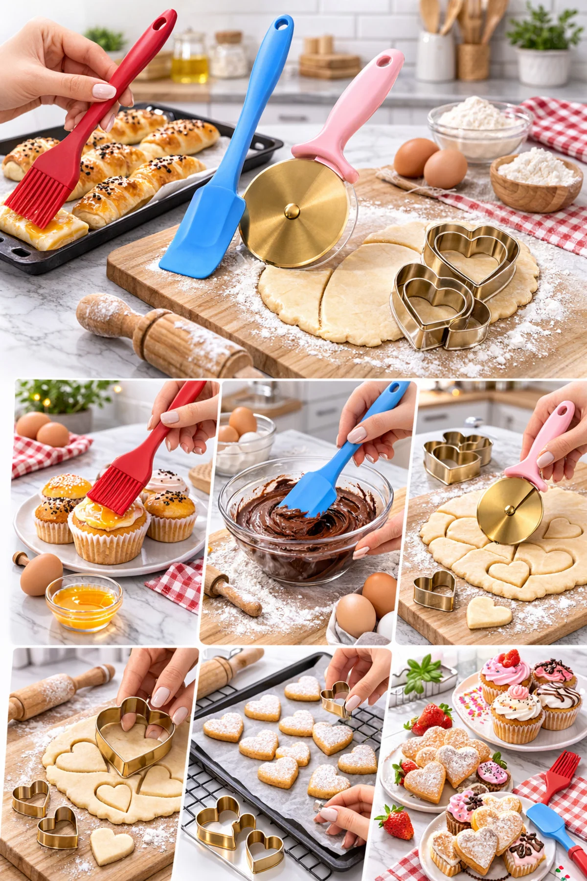 4’lü Silikon Mutfak Seti Spatula Fırça Pizza Ruleti Kalp Kurabiye Kalıbı