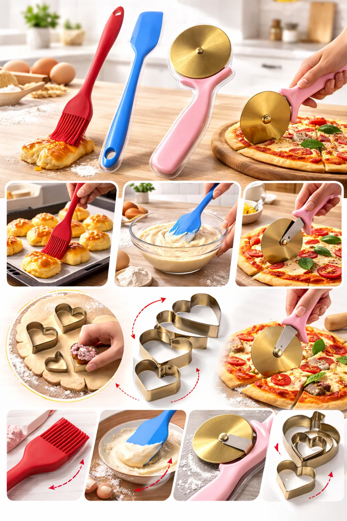 4’lü Silikon Mutfak Seti Spatula Fırça Pizza Ruleti Kalp Kurabiye Kalıbı