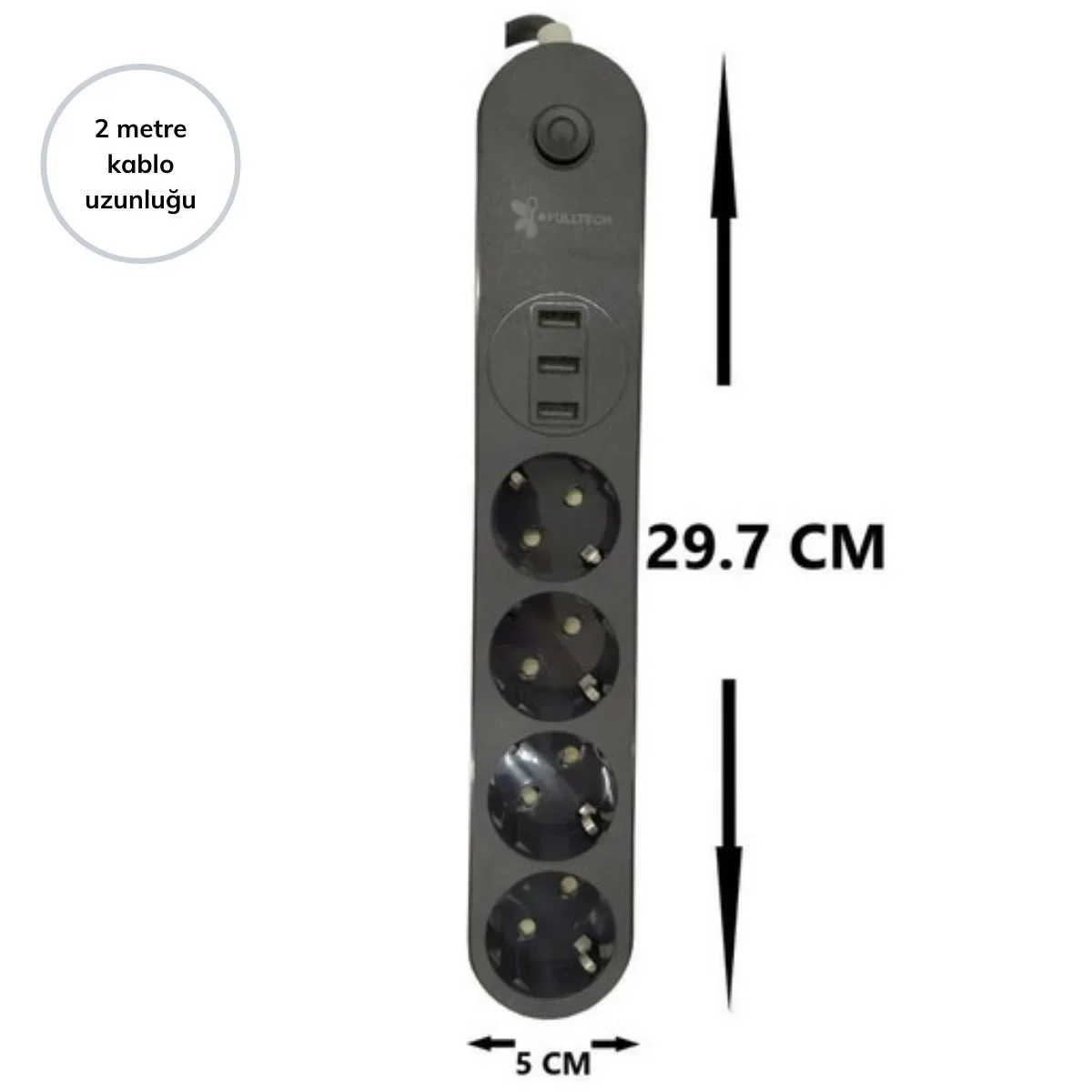 4lü Siyah Anahtarlı 3 USB Li Akım Korumalı Topraklı Çocuk Korumalı Grup Priz 2 Metre