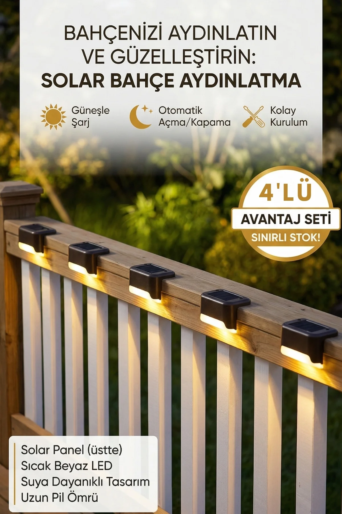 4'lü Solar Merdiven Lambası Güneş Enerjili Dış Mekan Bahçe Balkon Duvar Aydınlatma Günışığı LED 4'lü Solar Merdiven Lambası Güneş Enerjili Dış Mekan Bahçe Balkon Duvar Aydınlatma Günışığı LED