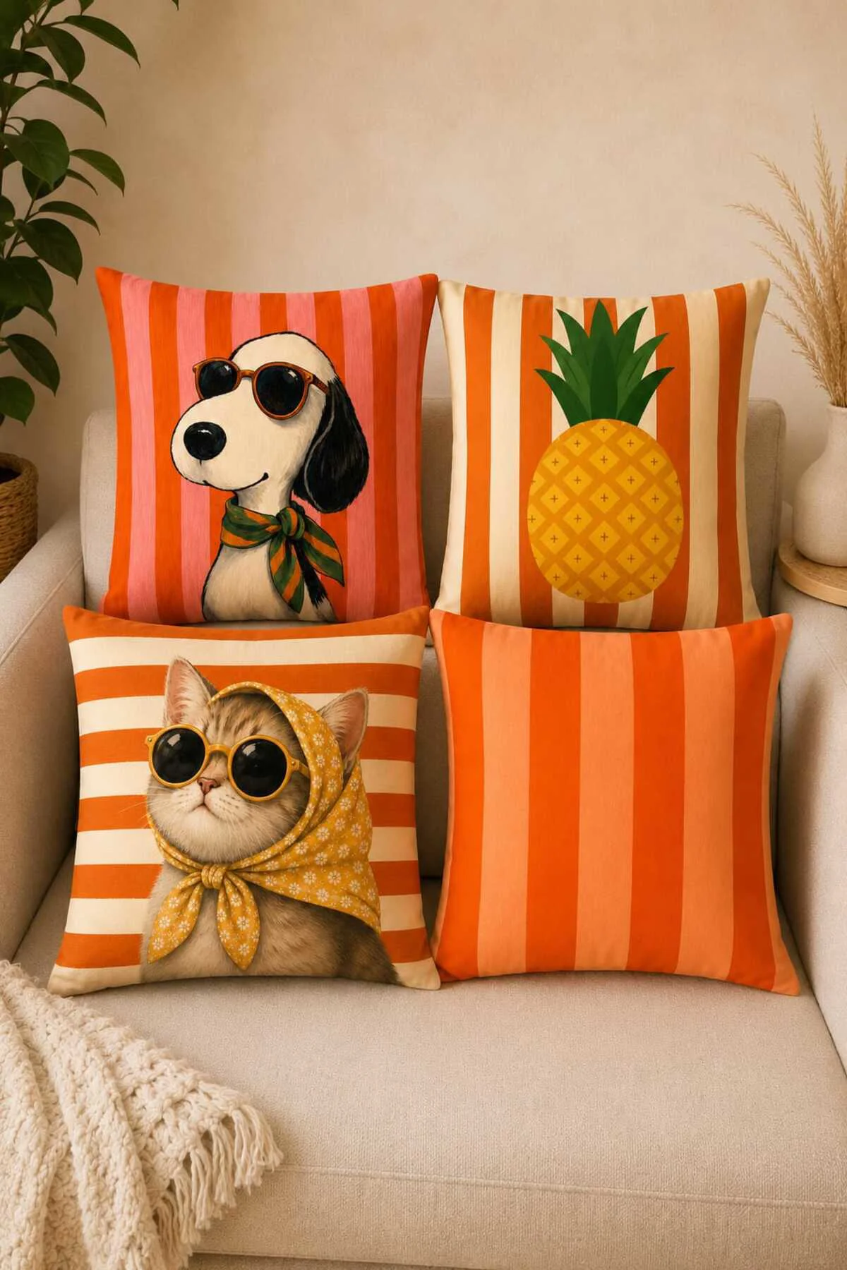 4'lü Turuncu Çizgili Kedi & Köpek Desenli Dijital Baskılı Dekoratif Kırlent Kılıfı Seti Fiyatı, Yorumları ve Özellikleri