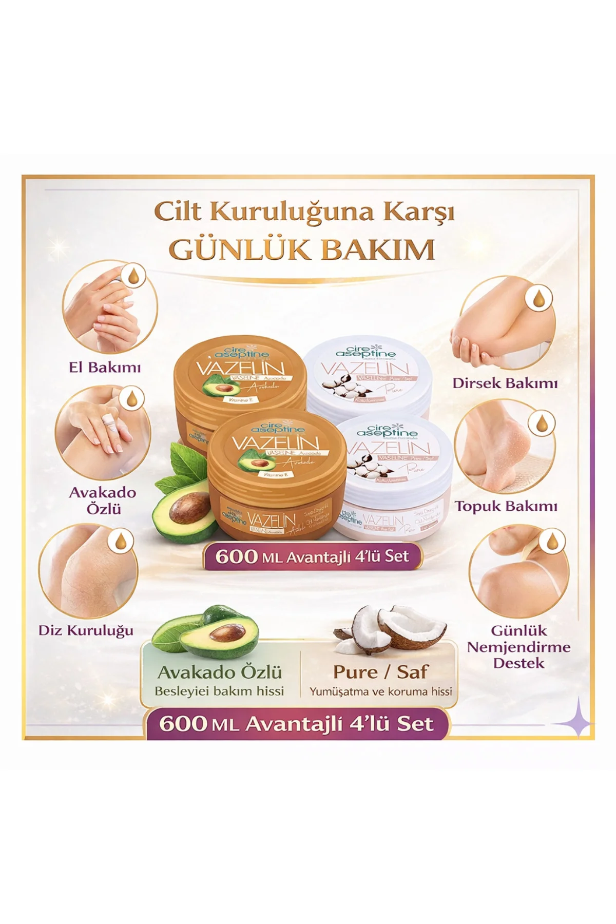 4’lü Vazelin Seti 150 ML x4 Avakado Pure Saf Nemlendirici Bakım K
