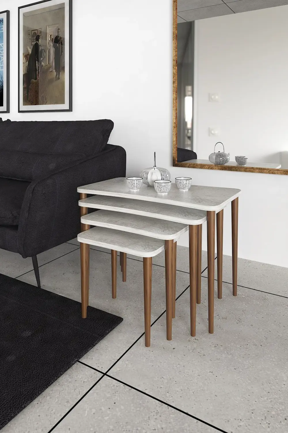 4'lü Zigon Sehpa Ahşap Ayaklı Yan Sehpa