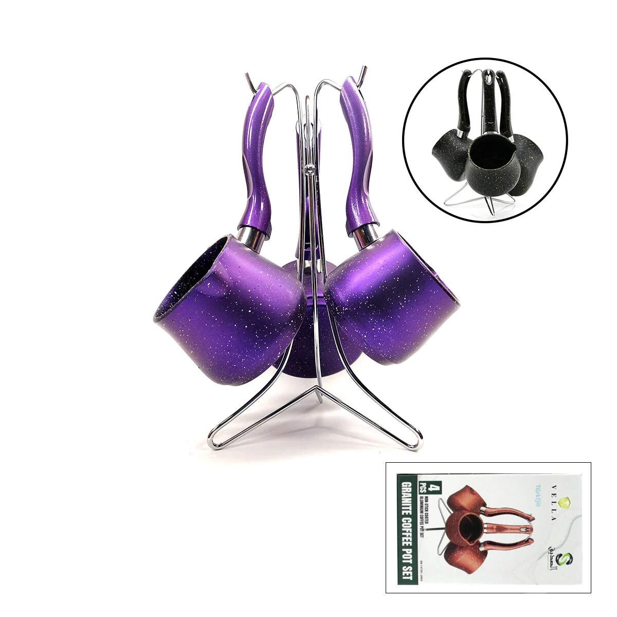 4PCS 230-280-380ML Granit - Çelik Cezve Renkli Metal Standlı Fiyatı, Yorumları ve Özellikleri