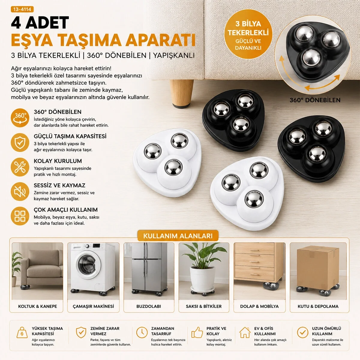 4pcs 3 Bilya Tekerlekli Poşetli Mobilya Eşya Taşıma Aparatı 360° Bx40 Fiyatı, Yorumları ve Özellikleri