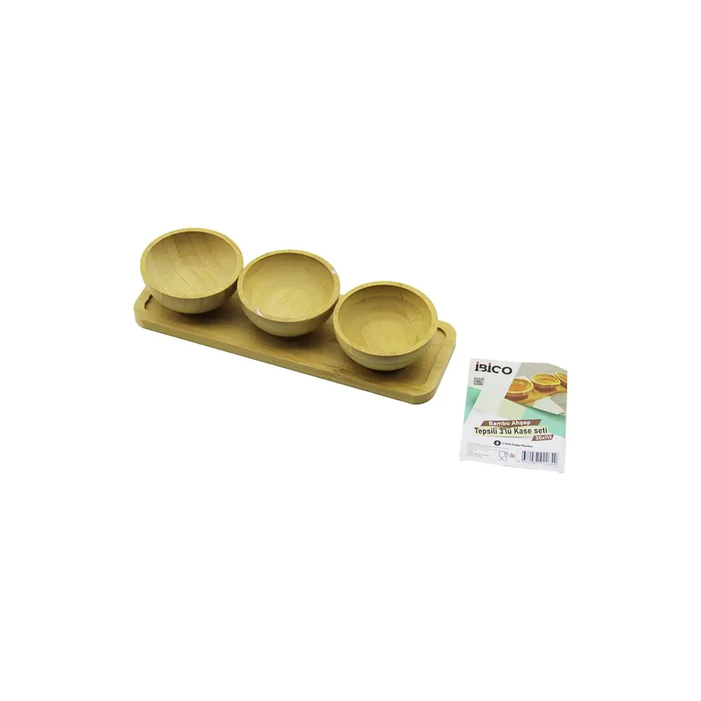 4PCS  ÇEREZLİK - LOKUMLUK AHŞAP BAMBU TEPSİLİ KASE SETİ 30X11CM (