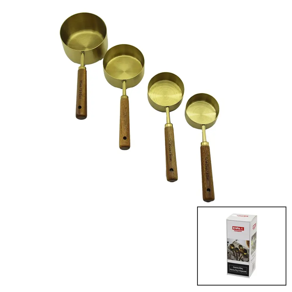 4PCS  GOLD METAL ÖLÇÜ KAŞIK SET OTANTİK AĞAÇ KULP 1CUP: 250ML - 1