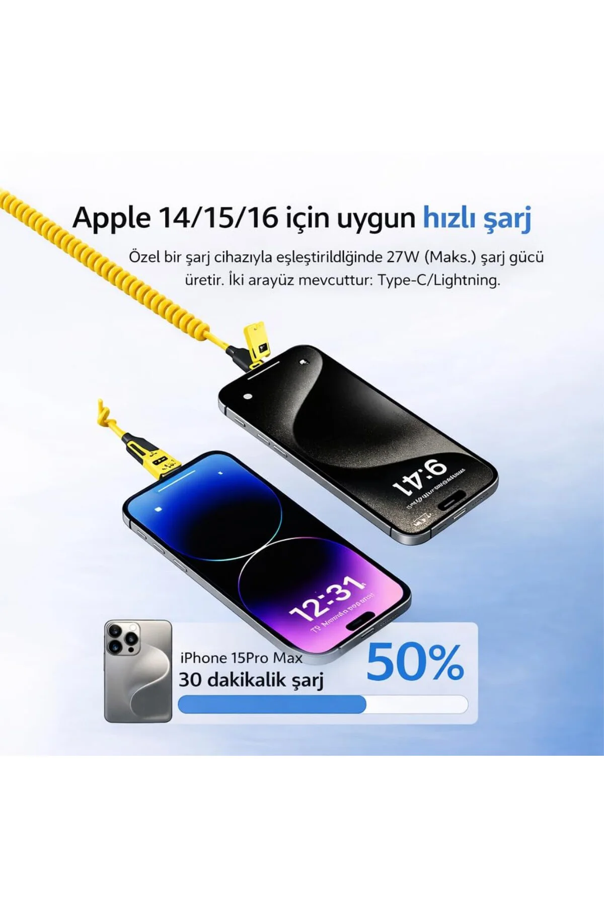 4’ü 1 Arada 65W Yaylı Hızlı Şarj Kablosu Type-C & Lightning PD De
