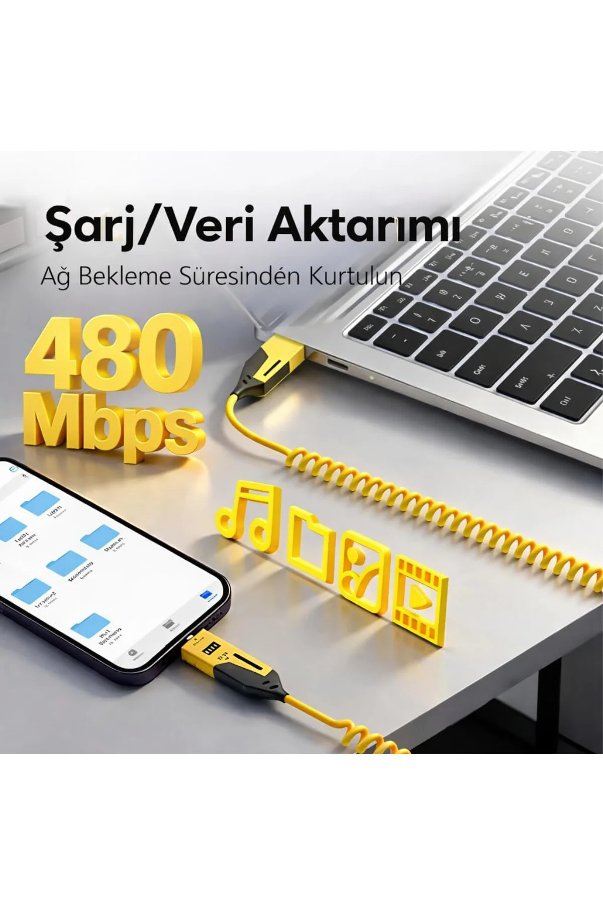 4’ü 1 Arada 65W Yaylı Hızlı Şarj Kablosu Type-C & Lightning PD De