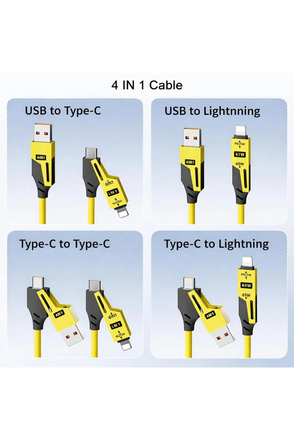 4’ü 1 Arada 65W Yaylı Hızlı Şarj Kablosu Type-C & Lightning PD De
