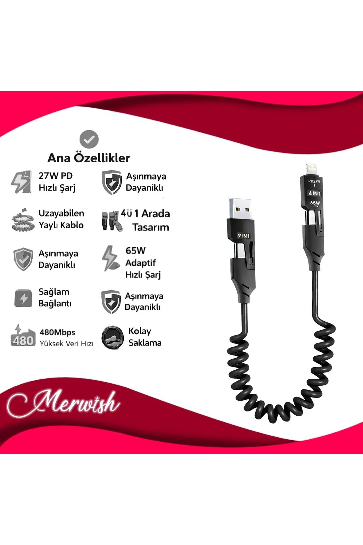 4’ü 1 Arada 65W Yaylı Hızlı Şarj Kablosu Type-C & Lightning PD De