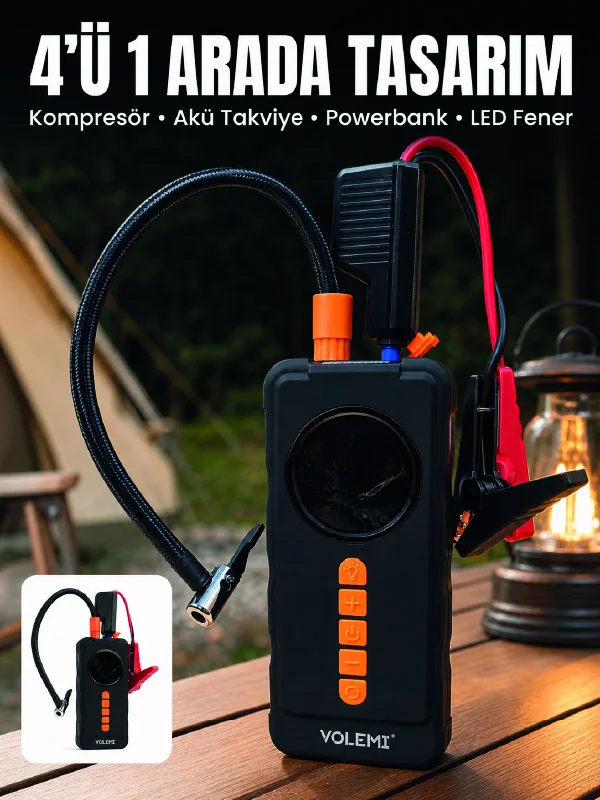 4'ü 1 Arada Akü Takviye Cihazı Dijital Lastik Şişirme Kompresörü 10000mah Powerbank Ve Led Fener - Lisinya