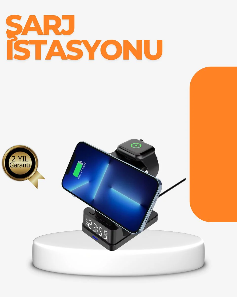 4’ü 1 Arada Kablosuz Şarj İstasyonu – LED Saatli Apple Güvenlik Koruması