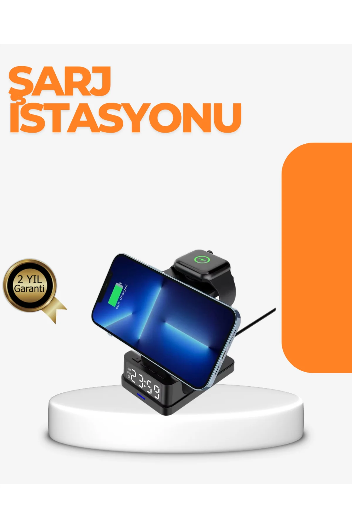 4’ü 1 Arada Kablosuz Şarj İstasyonu – LED Saat Ekranlı, Apple Uyu