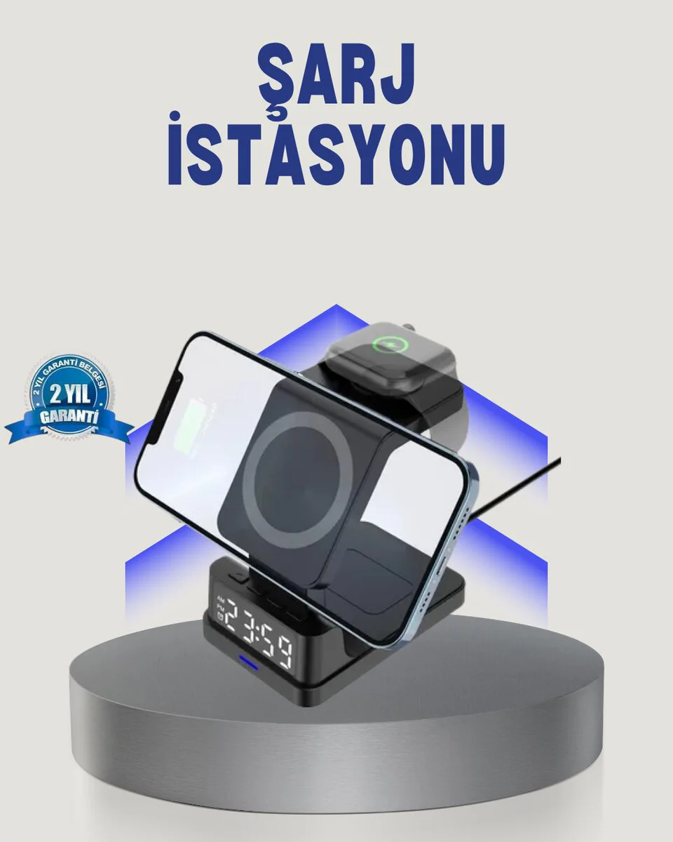 4’ü 1 Arada Kablosuz Şarj Cihazı ve Dijital Saat – Hızlı Şarj ve Apple Uyumlu LED Tasarım