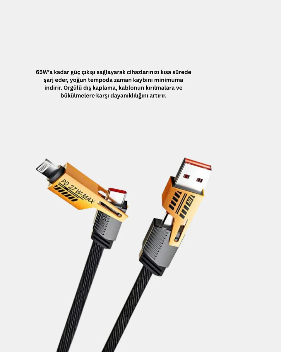 4’ü 1 Arada Örgülü Hızlı Şarj Kablosu USB-C USB-A - 65W Güçlü ve Dayanıklı Çoklu Şarj