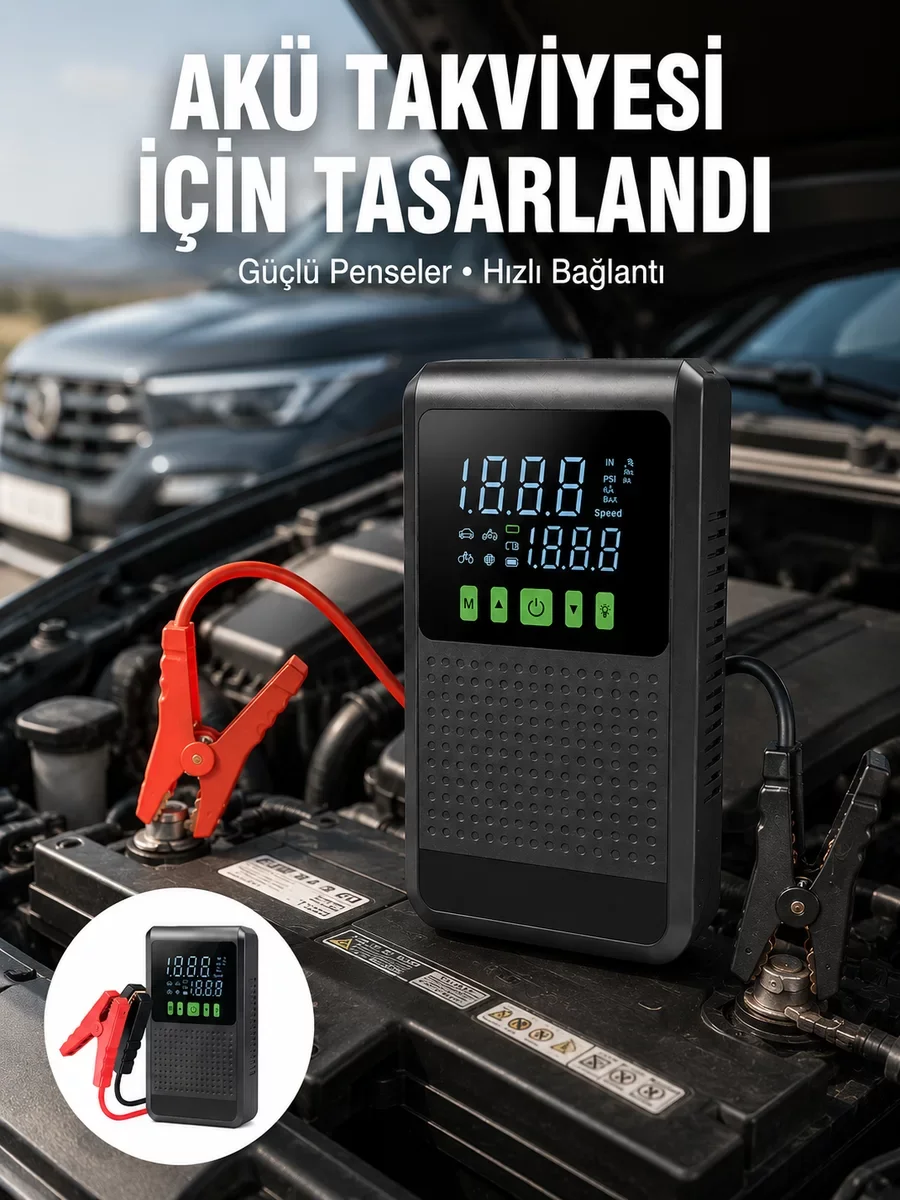 4’ü 1 Arada Otomobil Yardımcısı: Jump Starter, Hava Kompresörü, Powerbank ve LED Fener