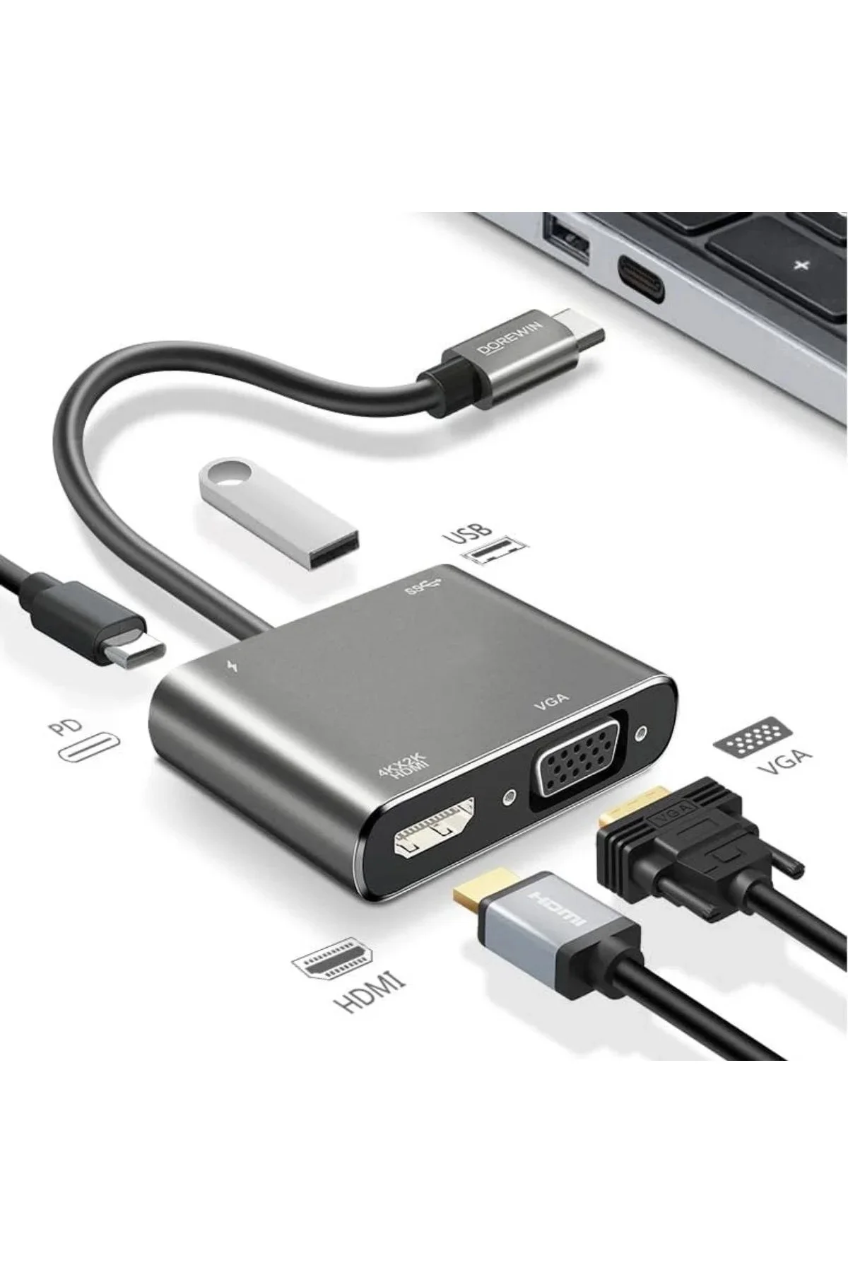 4’ü 1 Arada Type-C to Hub Dönüştürücü Adaptör – 4K Ultra HD HD & VGA Görüntü Aktarımı, PD Hızlı Şarj 4’ü 1 Arada Type-C to Hub Dönüştürücü Adaptör – 4K Ultra HD HD & VGA Görüntü Aktarımı, PD Hızlı Şarj