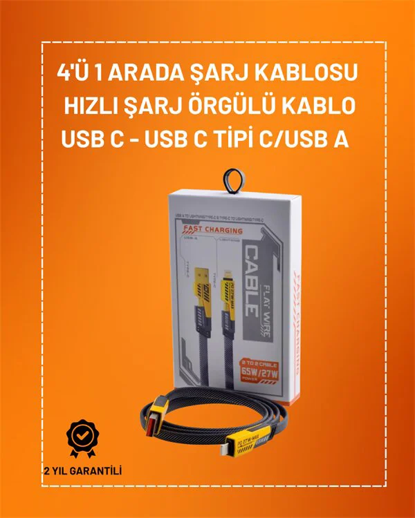 4'ü 1 Arada USB Hızlı Şarj ve Veri Kablosu – 65W Güç Çoklu Bağlantı 1.2m