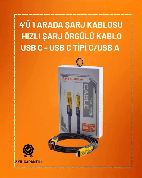 4'ü 1 Arada USB Hızlı Şarj ve Veri Kablosu – 65W Güç, Çoklu Bağlantı, 1.2m